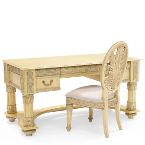 A RICHARD SIMMONS ITALIAN BAROQUE STYLE PARCEL SILVERED AND PAINTED PERSONAL DESK AND CHAIR